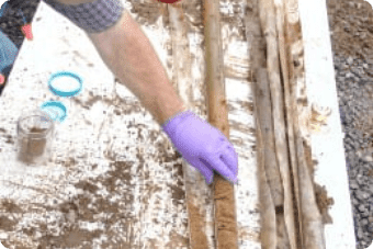 Person in purple gloves handling wooden sticks on a muddy surface during Environmental Cleanup.