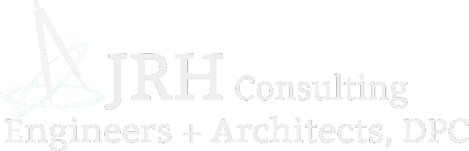 Logo of jrh consulting engineers + architects, dpc, featuring a stylized geometric symbol alongside the company name in light gray, elegant font.