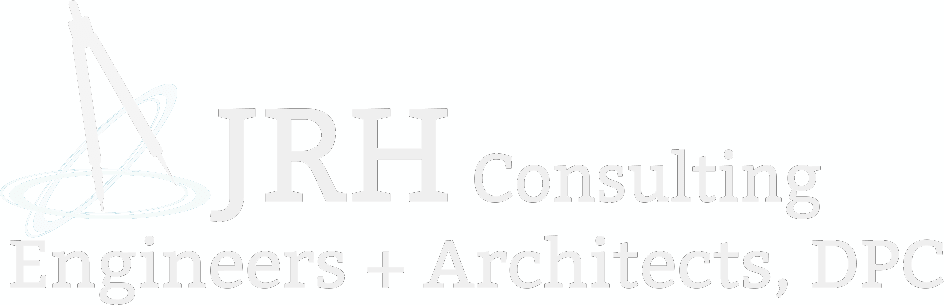 Logo of jrh consulting engineers + architects, dpc, featuring a stylized geometric symbol alongside the company name in light gray, elegant font.